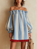 Blue and white striped off-the-shoulder mini dress with a contrasting hem