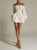 White off-shoulder ruched smocked-waist mini dress