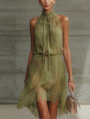 Green Floral Tie-Waist Chiffon Mini Dress