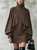 Chocolate high-neck mini dress with cape-style paneling