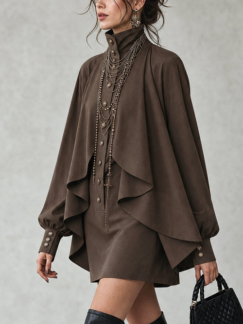 Chocolate high-neck mini dress with cape-style paneling