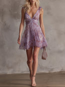 Retro Purple Floral Ruffled Chiffon Mini Dress