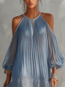 Blue Off-Shoulder Ruched Mini Dress with Lace Hem
