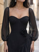 Elegant black sheer-sleeve mini dress with 3D roses and ruffles