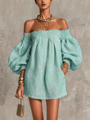 Pink Off-shoulder Lantern Sleeve A-line Loose Mini Dress