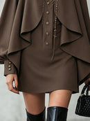 Chocolate high-neck mini dress with cape-style paneling