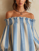 Blue and white striped off-the-shoulder mini dress with a contrasting hem