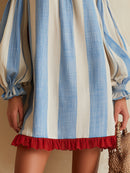 Blue and white striped off-the-shoulder mini dress with a contrasting hem