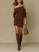 Vintage Brown Suede Asymmetric Off Shoulder Ruched Mini Dress