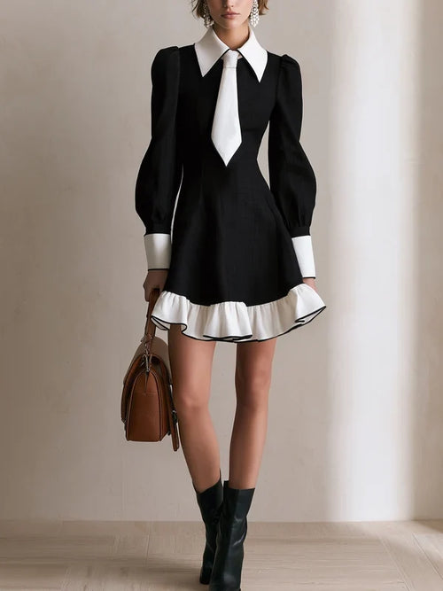 Women Black White Contrast Collar Tie Lantern Sleeve Ruffle Hem A‑Line Mini Dress