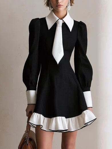 Women Black White Contrast Collar Tie Lantern Sleeve Ruffle Hem A‑Line Mini Dress