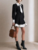 Women Black White Contrast Collar Tie Lantern Sleeve Ruffle Hem A‑Line Mini Dress