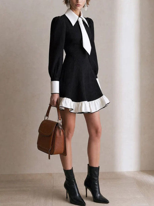 Women Black White Contrast Collar Tie Lantern Sleeve Ruffle Hem A‑Line Mini Dress
