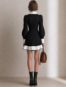 Women Black White Contrast Collar Tie Lantern Sleeve Ruffle Hem A‑Line Mini Dress