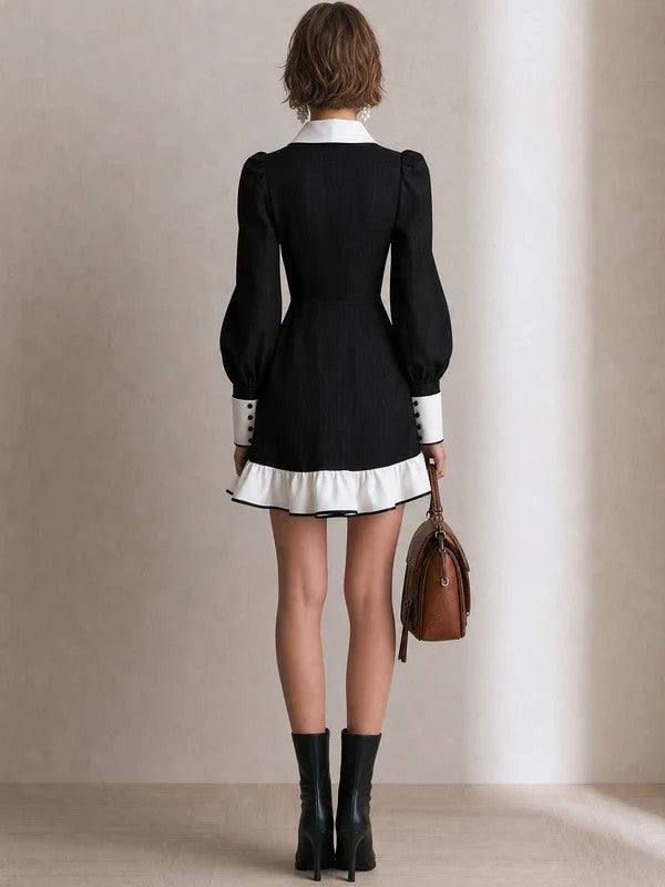 Women Black White Contrast Collar Tie Lantern Sleeve Ruffle Hem A‑Line Mini Dress