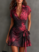 Red Black Abstract Print Wrap Mini Dress Collared V Neck Short Sleeve Tie Waist Ruffled High‑Low Hem Dress