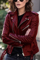 Vintage Lapel Zip Up Faux Leather Moto Jacket