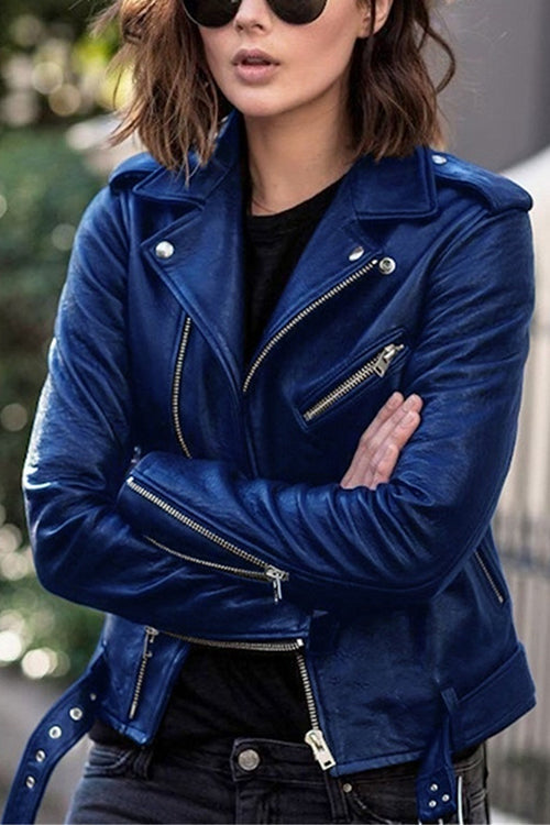Vintage Lapel Zip Up Faux Leather Moto Jacket