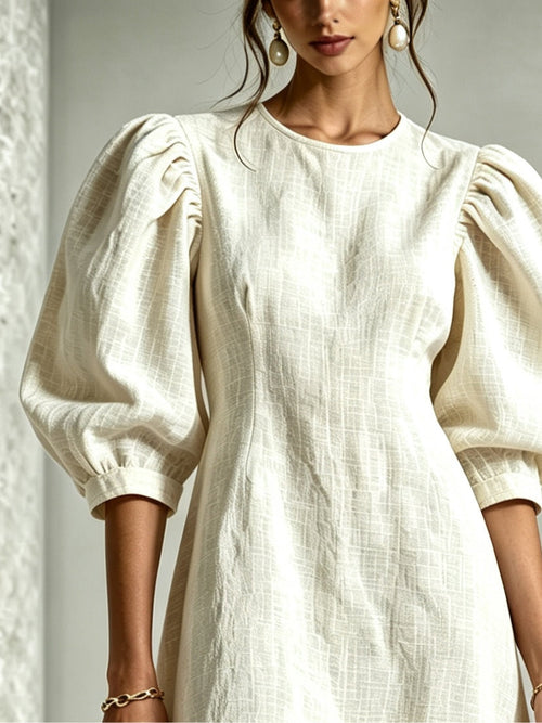 White 3D Floral Puff-Sleeve Cotton-Linen Mini Dress