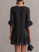 Black Ruffled Chiffon Lace Mini Dress