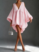 Baby Pink Chffion Deep V Cold Shoulder Mini Dress Puffy Balloon Sleeve Babydoll Party Dress