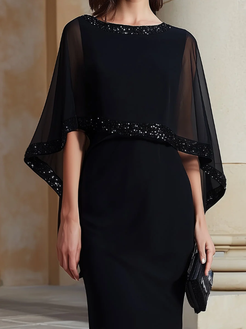 Black Elegant Mini Dress With Tulle Cape Sleeves