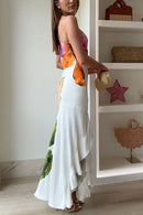 One Shoulder Side Draped Ruffle Slit Floral Print Maxi Dress