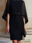 Black Elegant Mini Dress With Tulle Cape Sleeves