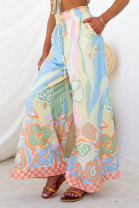 Drawstring Elastic Waist Printed Wide Leg Palazzo Pants