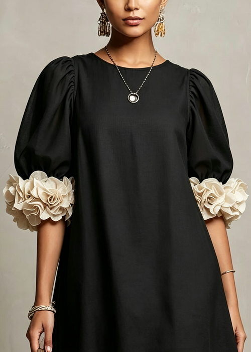 Black Puff Sleeve Loose Mini Dress With 3D Floral Embellishments