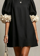 Black Puff Sleeve Loose Mini Dress With 3D Floral Embellishments