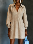 Women Suede Shirt Collared V‑Neck Lantern 3/4 Sleeve Floral Embroidery Button‑Down H‑Line Mini Dress