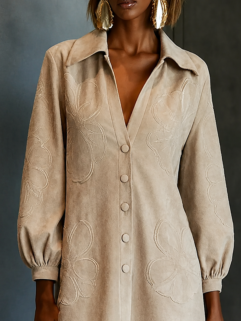 Women Suede Shirt Collared V‑Neck Lantern 3/4 Sleeve Floral Embroidery Button‑Down H‑Line Mini Dress