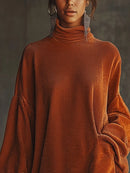 Orange corduroy loose tassel hem high collar dress
