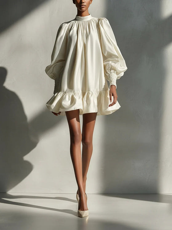 Beige Satin Puff Sleeve Ruffle Mini Dress