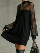 Black Sheer Mesh Sleeve High‑Neck Mini Dress