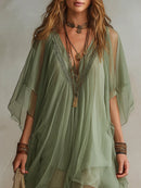 Green Chiffon V-neck Layered Flowy Mini Dress