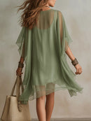 Green Chiffon V-neck Layered Flowy Mini Dress