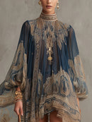 Navy Blue Baroque Print High-neck Irregular Chiffon Mini Dress
