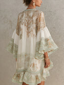 Green Print Ruffle Hem Flounce Sleeve Chiffon Mini Dress