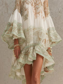 Green Print Ruffle Hem Flounce Sleeve Chiffon Mini Dress