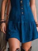 Bohemian Indigo V-Neck Button-Down Sleeveless Mini Dress