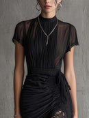 Black Chiffon Pleated Waist Lace-trimmed Mini Dress
