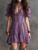 Purple Puff-sleeved Ruffled Button-down Chiffon Mini Dress