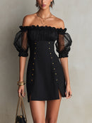 Black Off-Shoulder Puff Sleeve Studded Mini Dress