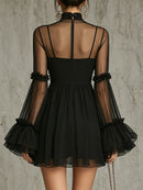 Black Sheer Floral Appliqué High Neck Pleated Chiffon Mini Dress