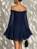 Navy Off-shoulder Ruffled Bell Sleeve Mini Dress