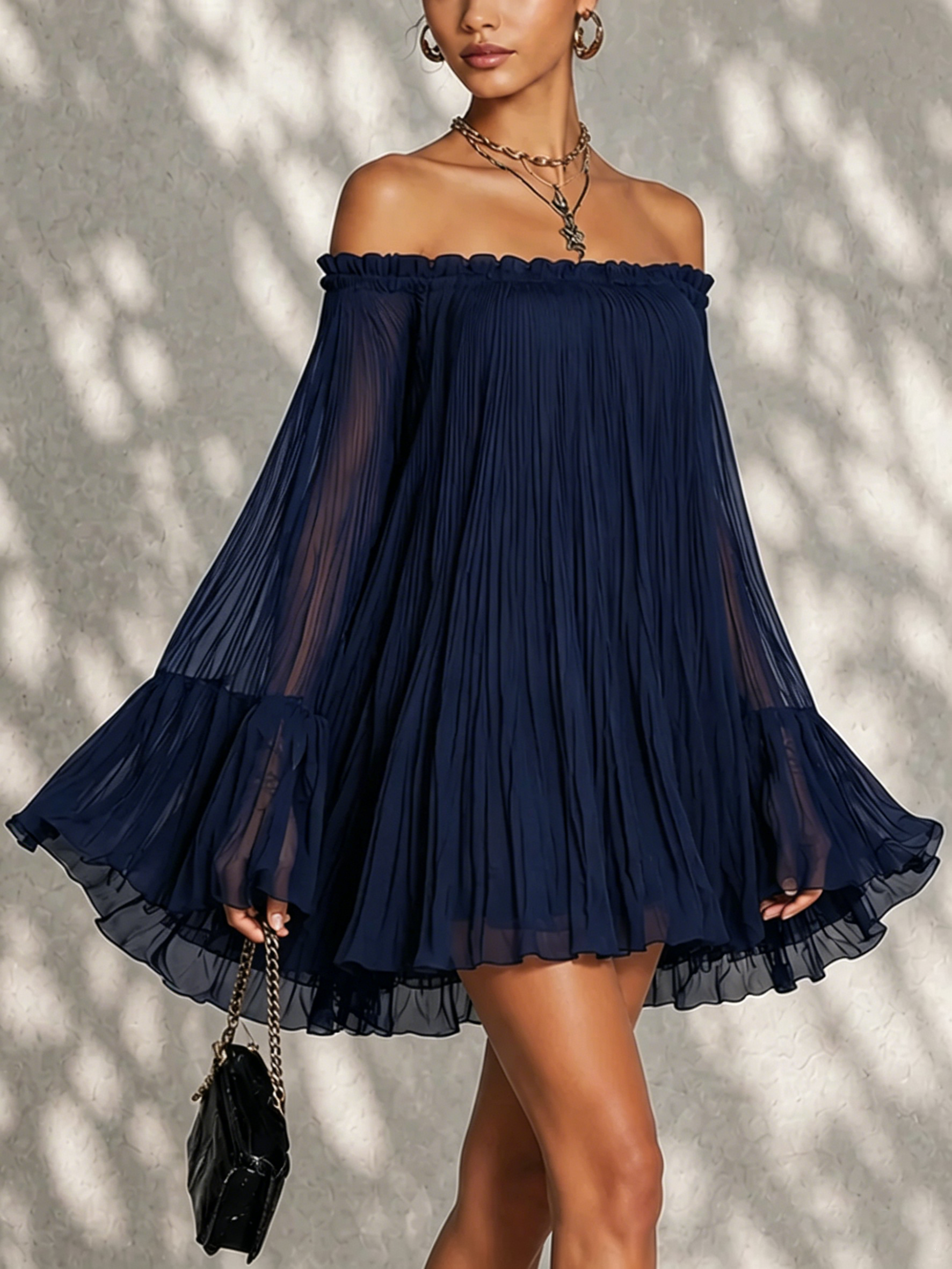 Flavia | Navy Off-Shoulder Pleated Mini Dress