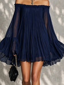 Navy Off-shoulder Ruffled Bell Sleeve Mini Dress
