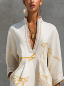 Ivory Gold Printed V-neck Crochet Lace Mini Dress